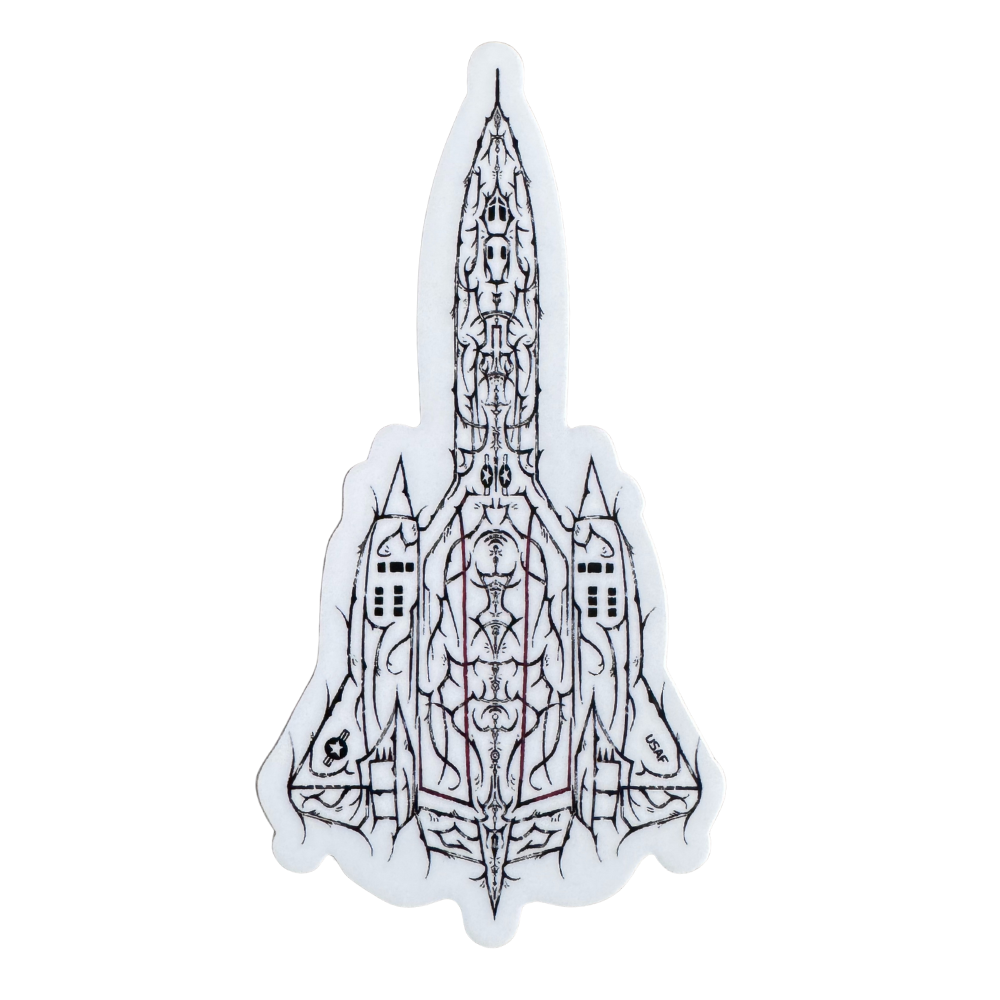 Aviation-inspired jet illustration sticker with intricate black linework on white background