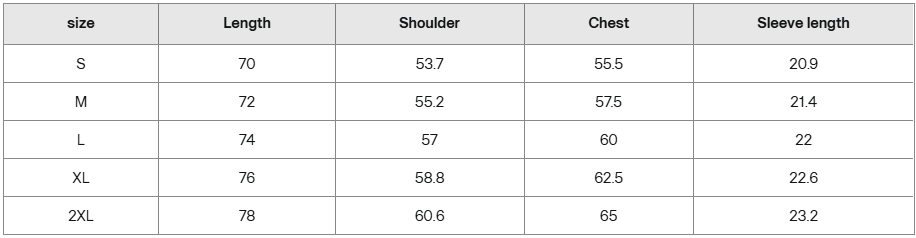 Blue shirt size guide in centimeters showing length, shoulder, chest, and sleeve measurements.