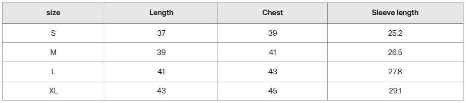 Crop tee size guide in centimeters with measurements for S, M, L, and XL.