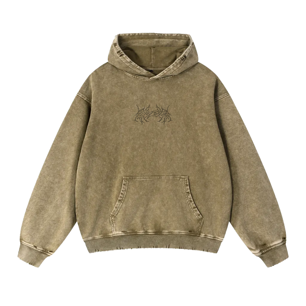 Tan streetwear hoodie with front kangaroo pocket and black artistic chest graphic