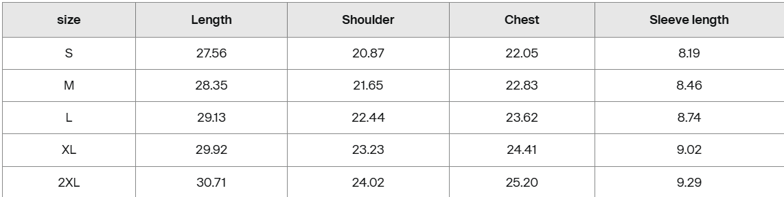 Grey shirt size guide chart with measurements for S to 2XL including length, shoulder, chest, and sleeve length.