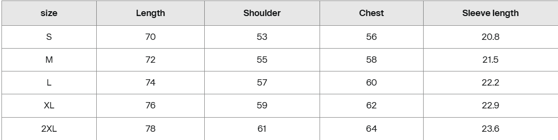 Grey shirt size guide in centimeters showing length, shoulder, chest, and sleeve length for S to 2XL