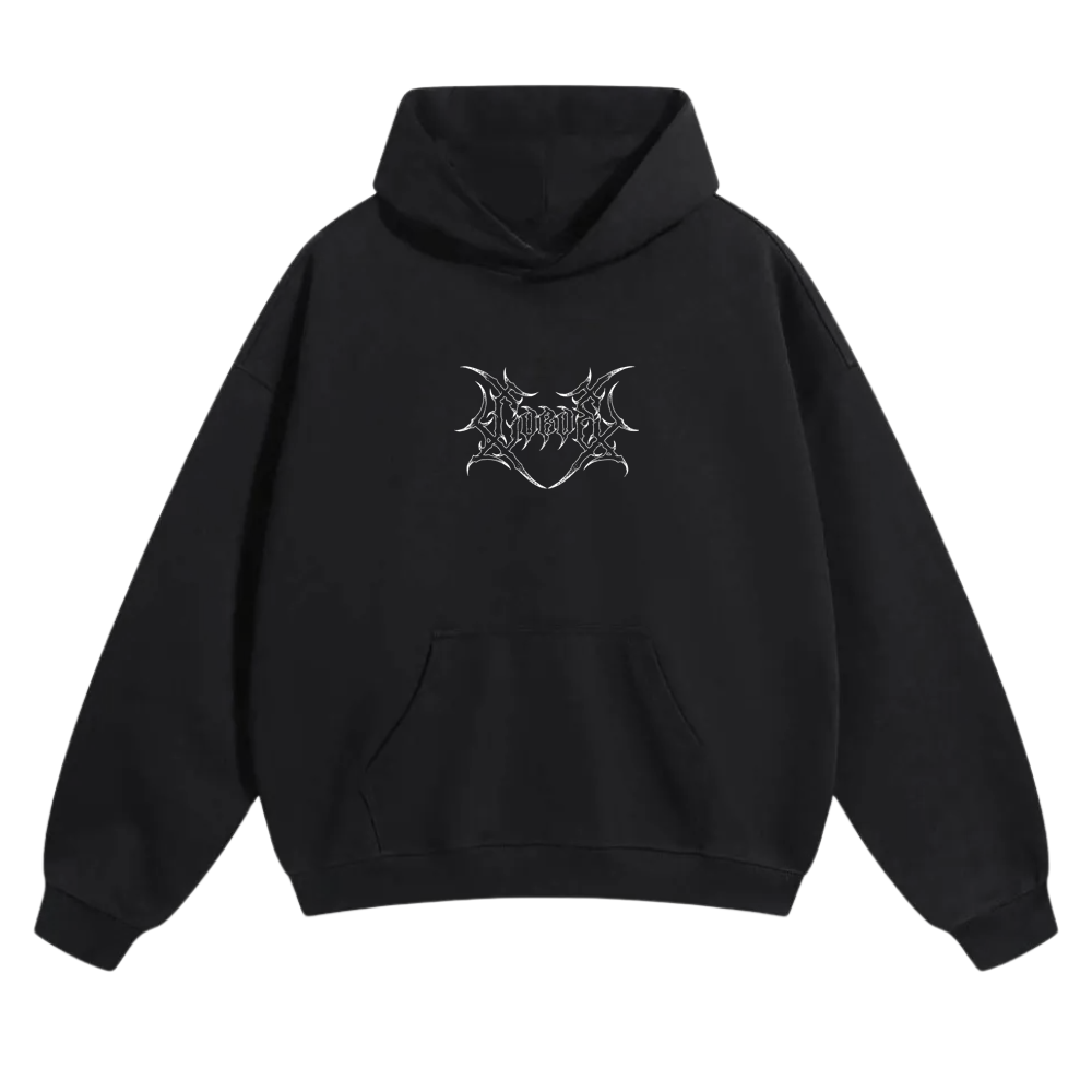 Black streetwear hoodie with artistic linework graphic on chest, front view