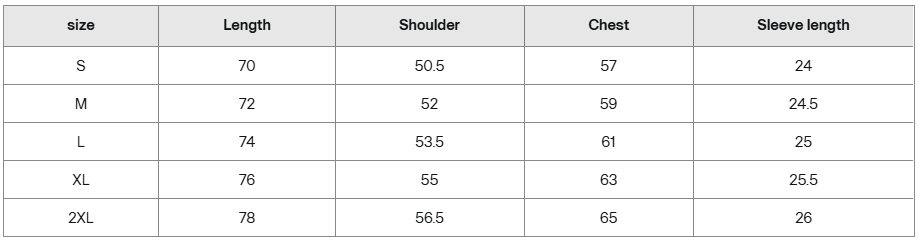 Khaki shirt size guide chart with measurements for length, shoulder, chest, and sleeve length in cm.