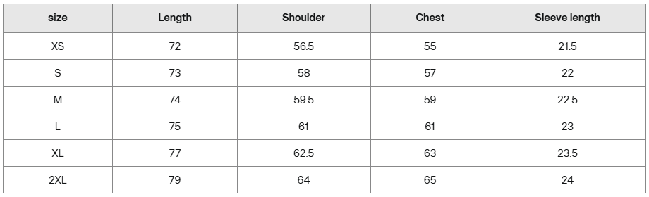 Black shirt size guide in centimeters with measurements for XS to 2XL, including length, shoulder, chest, and sleeve length.