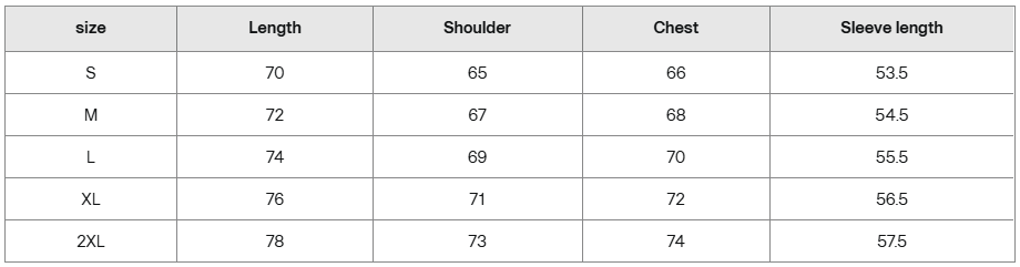 Black hoodie size chart in centimeters showing length, shoulder, chest, sleeve measurements for S to 2XL.