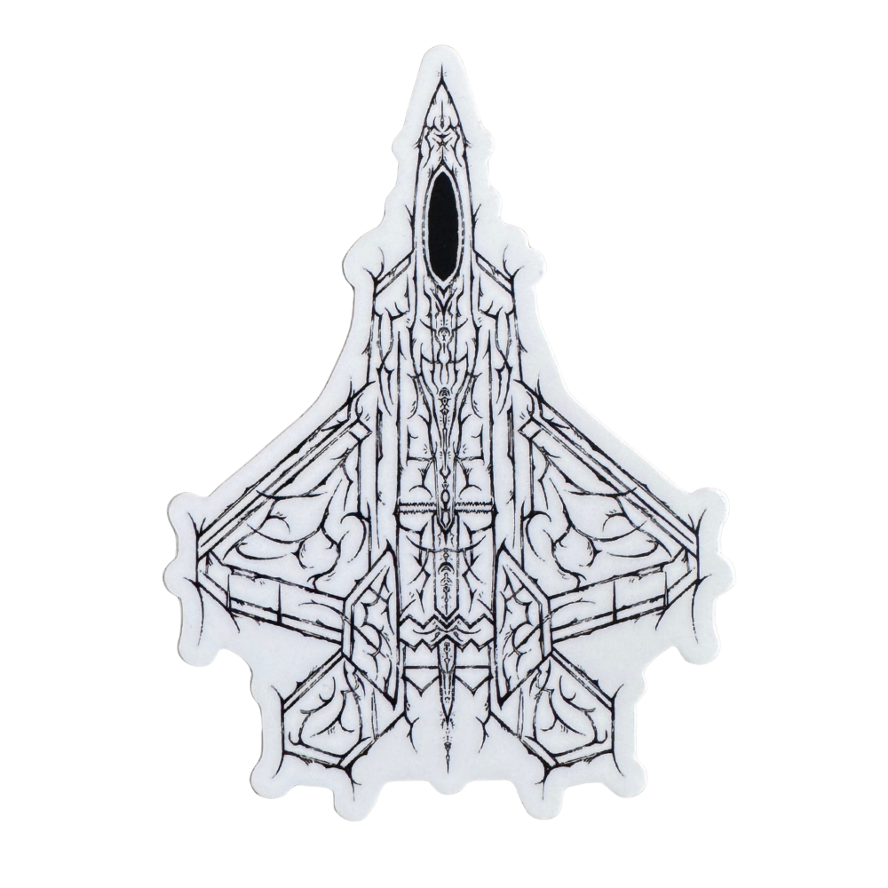 Sticker of a modern jet illustration with detailed, artistic linework on a white background.