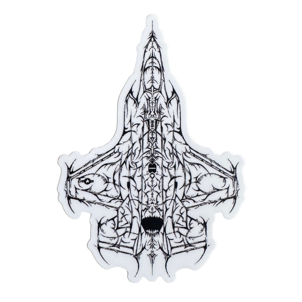 Black and white aviation-inspired jet sketch with intricate artistic linework.