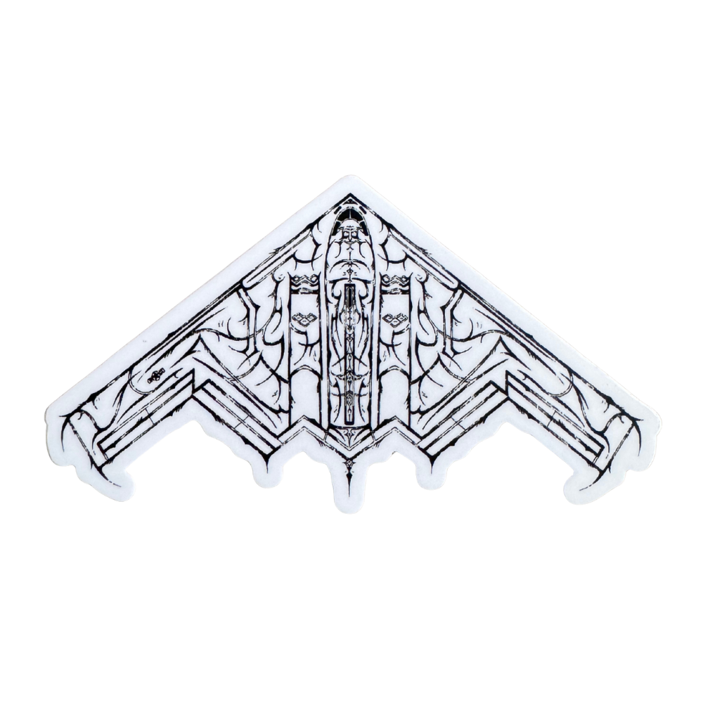 aviation-inspired black and white sticker with line art stealth bomber design