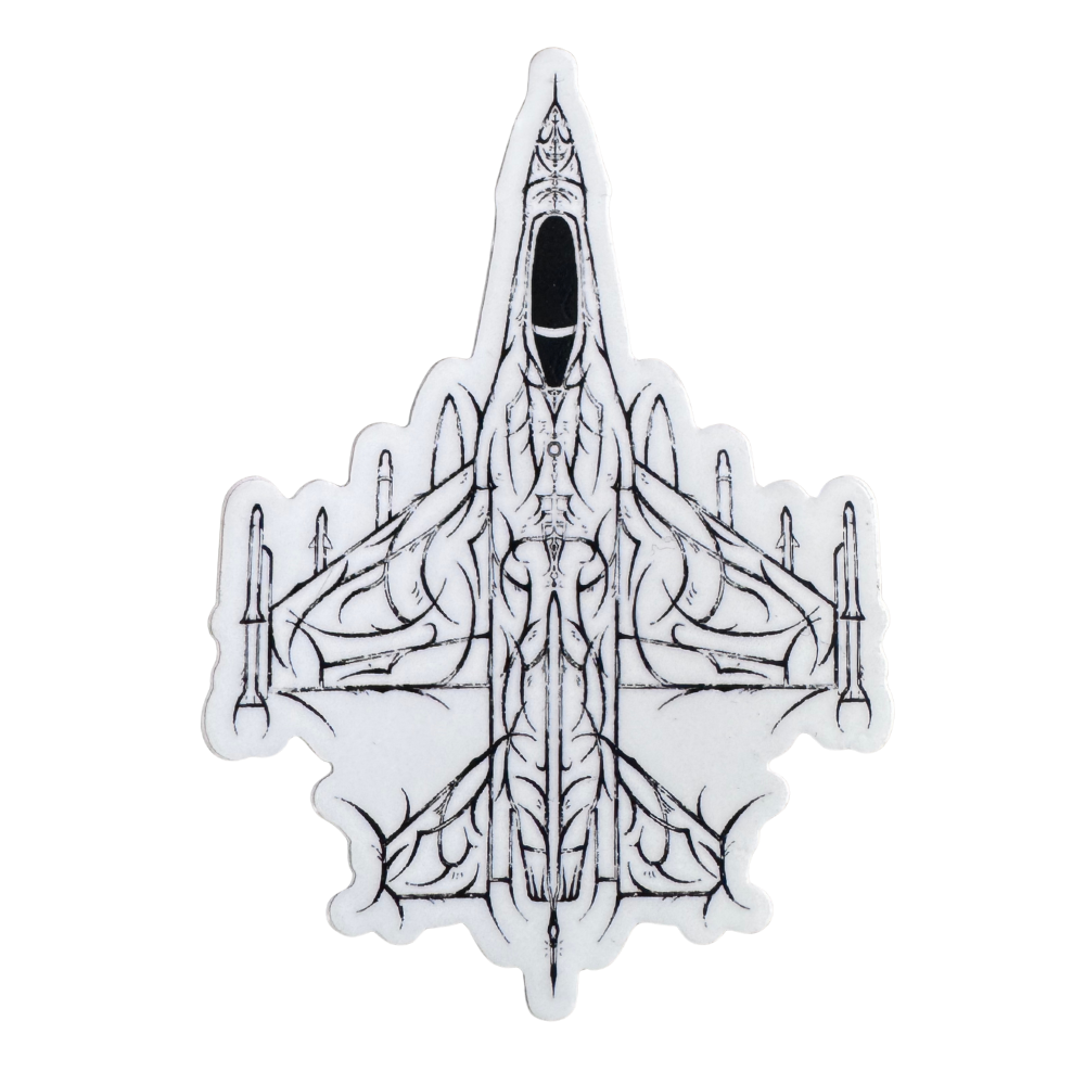 Artistic black linework illustration of a fighter jet top view sticker, aviation streetwear style