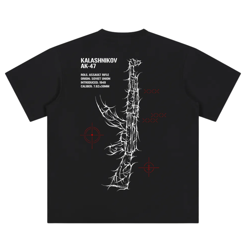Black tactical streetwear t-shirt with white AK-47 graphic and red target accents on back.