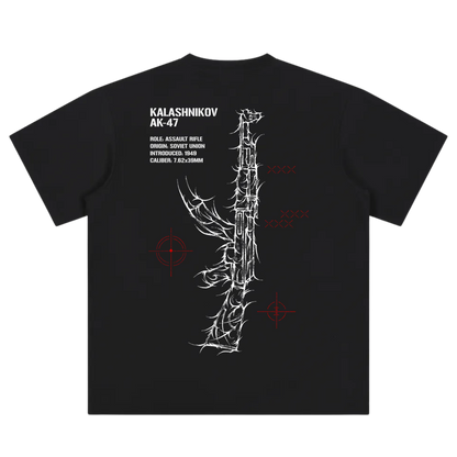 Black tactical streetwear t-shirt with white AK-47 graphic and red target accents on back.