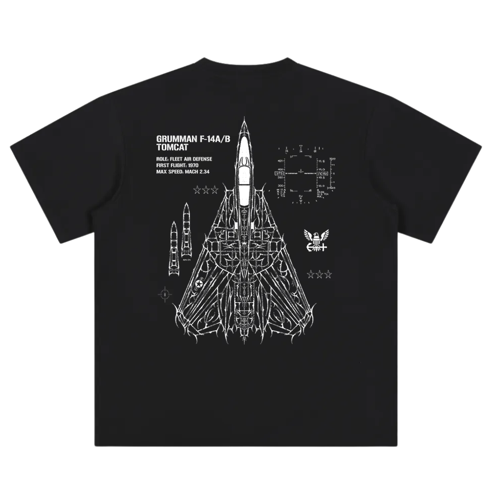 Black streetwear tee featuring detailed F-14 Tomcat blueprint graphic on back.