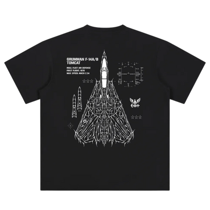 Black streetwear tee featuring detailed F-14 Tomcat blueprint graphic on back.