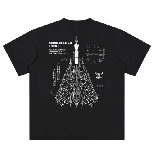 Black streetwear tee featuring detailed F-14 Tomcat blueprint graphic on back.