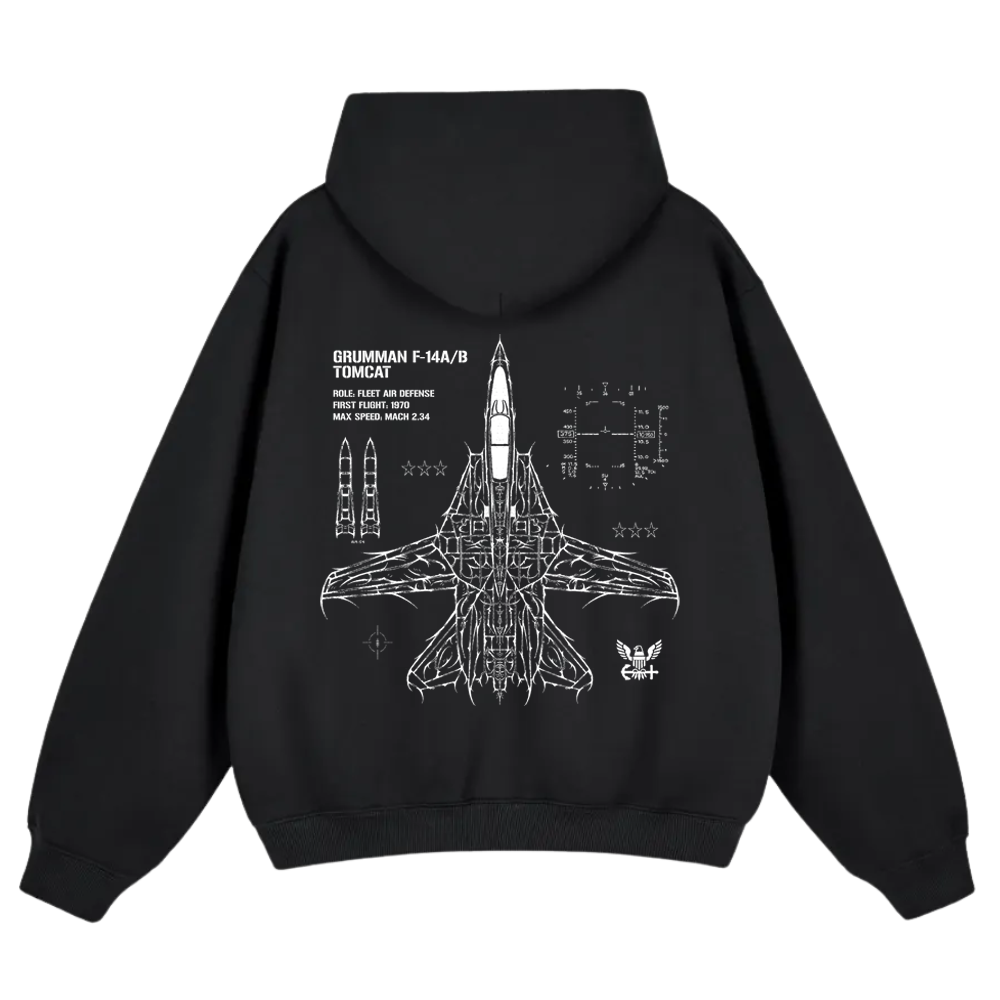 Black hoodie featuring white F-14 Tomcat jet blueprint and technical details on the back.