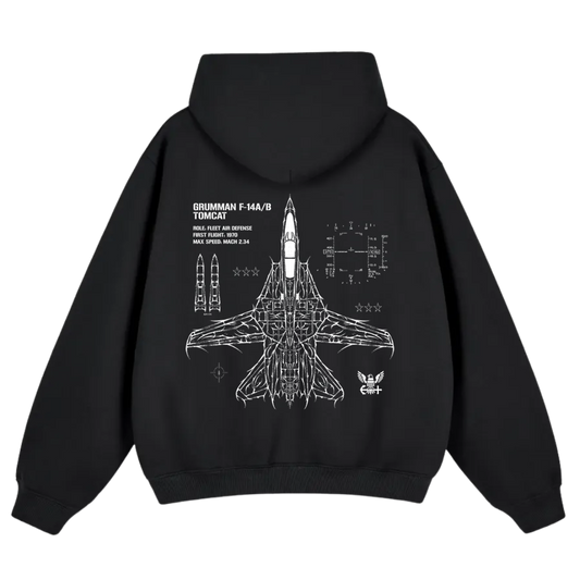 Black hoodie featuring white F-14 Tomcat jet blueprint and technical details on the back.