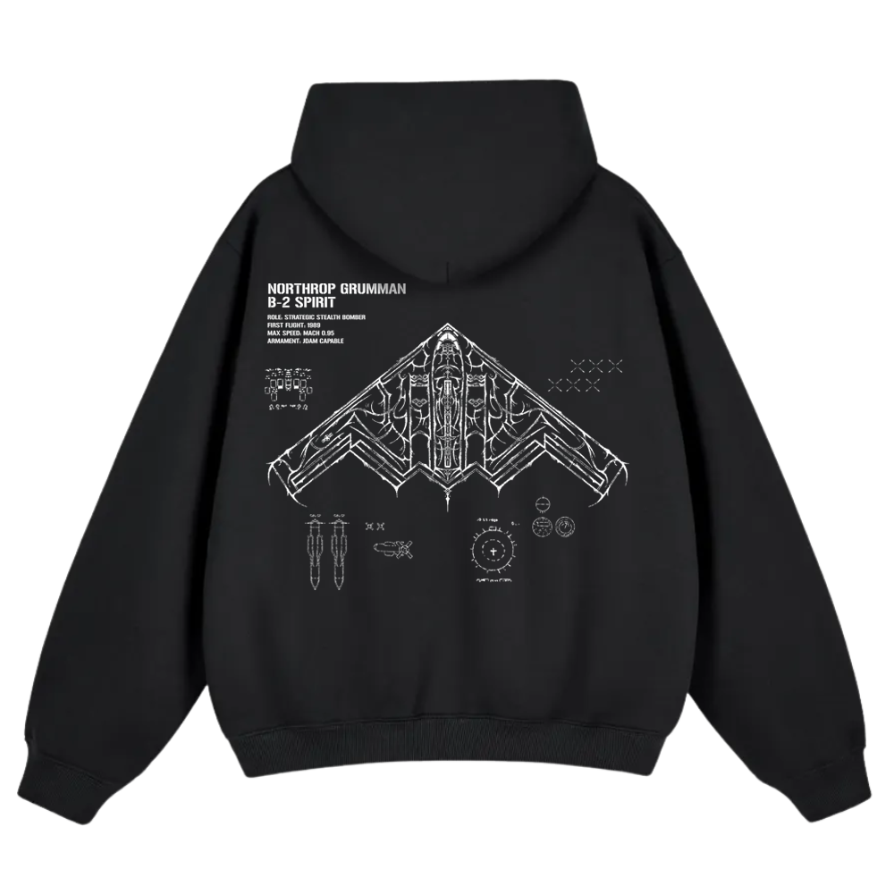Black hoodie featuring white B-2 Spirit stealth bomber schematic and aviation-inspired graphics