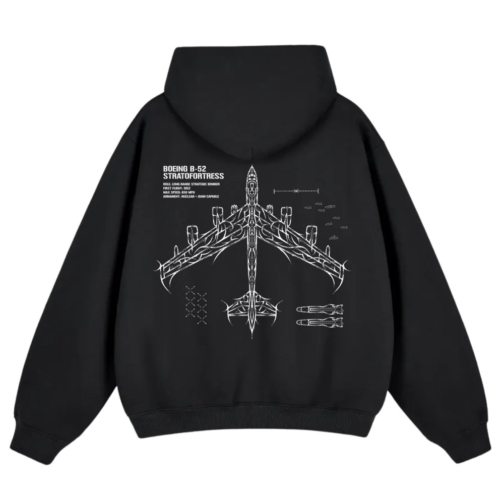 Black hoodie with white B-52 Stratofortress airplane blueprint graphic on the back