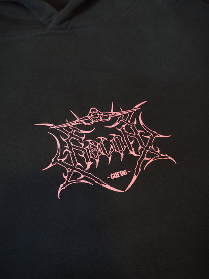 Black hoodie with pink aviation-inspired graphic logo and sharp linework on chest