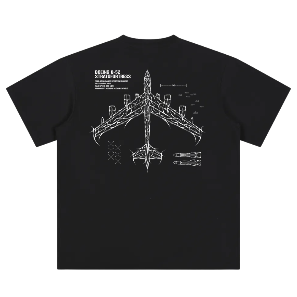 Black t-shirt with white Boeing B-52 Stratofortress line art and aircraft schematics on back.