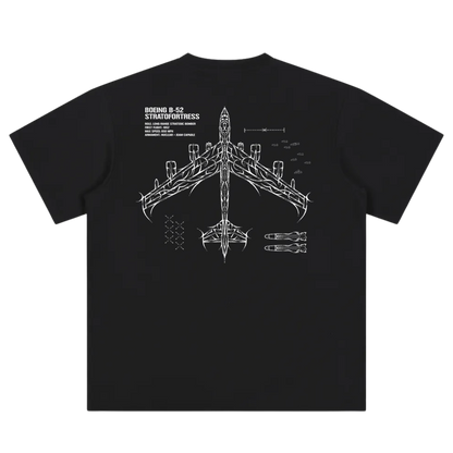 Black t-shirt with white Boeing B-52 Stratofortress line art and aircraft schematics on back.