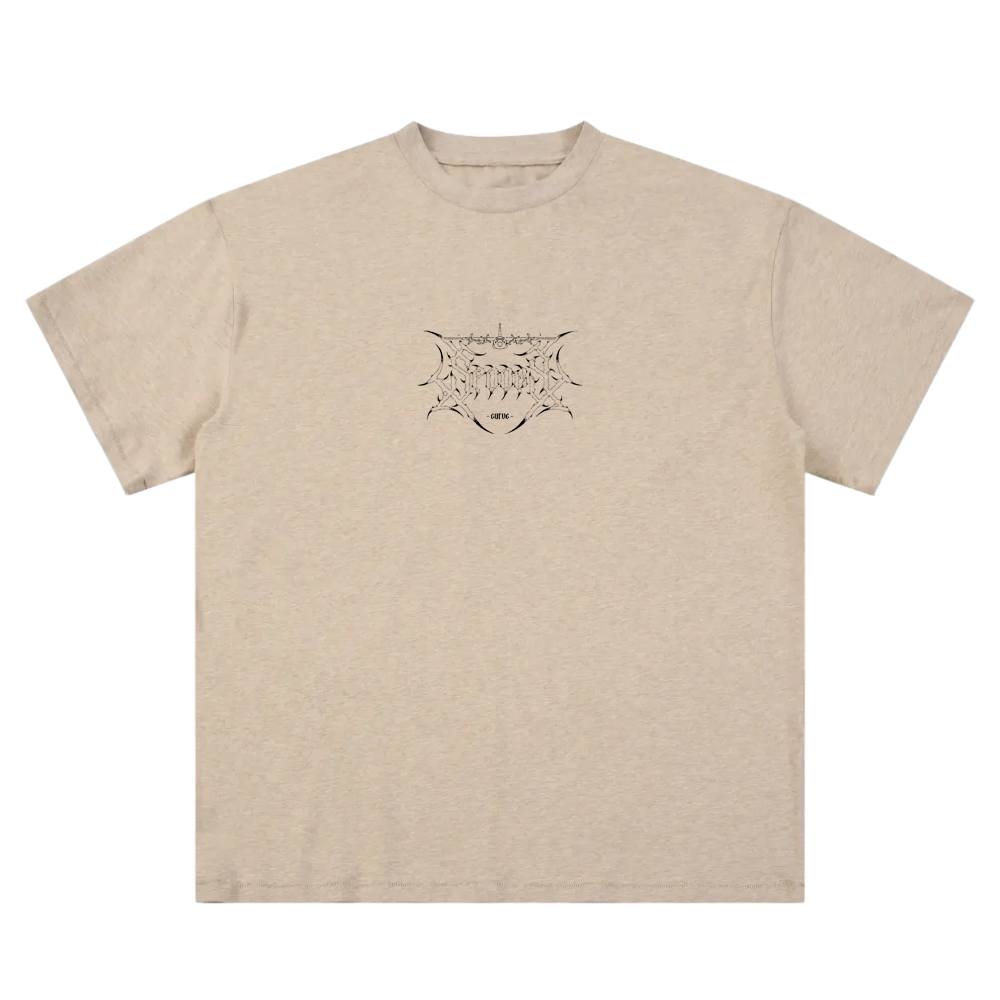 Tan graphic tee with black, aviation-inspired line art on chest, short sleeves, flat lay