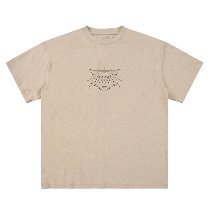 Tan graphic tee with black, aviation-inspired line art on chest, short sleeves, flat lay