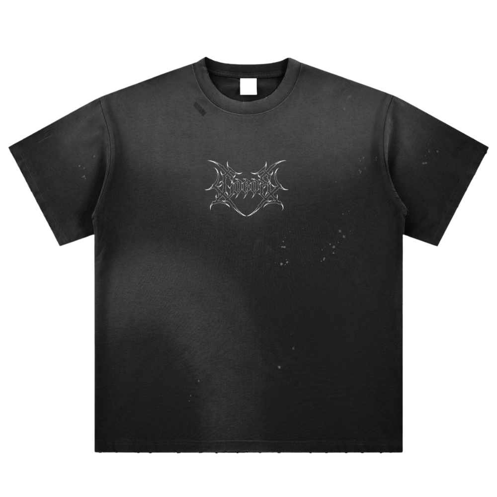 Black streetwear t-shirt with silver graphic logo and distressed bleached accents
