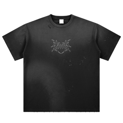 Black streetwear t-shirt with silver graphic logo and distressed bleached accents
