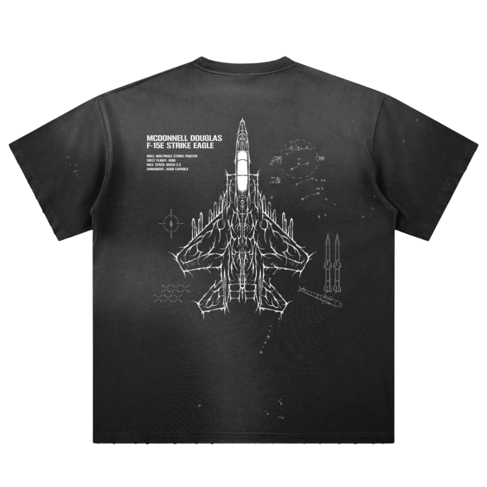 Black t-shirt with McDonnell Douglas F-15E Strike Eagle jet blueprint graphic on back