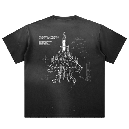 Black t-shirt with McDonnell Douglas F-15E Strike Eagle jet blueprint graphic on back