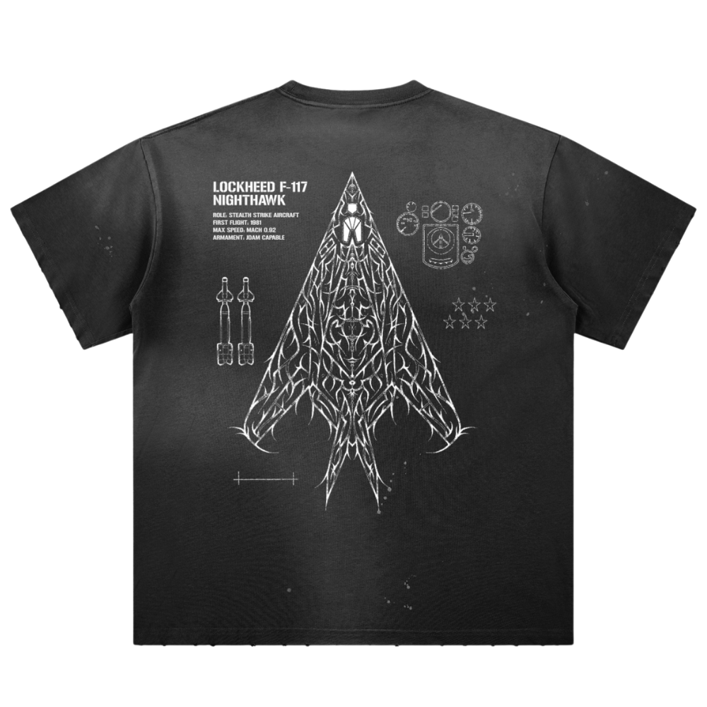 Black t-shirt with Lockheed F-117 Nighthawk graphic, line art and aviation details on back