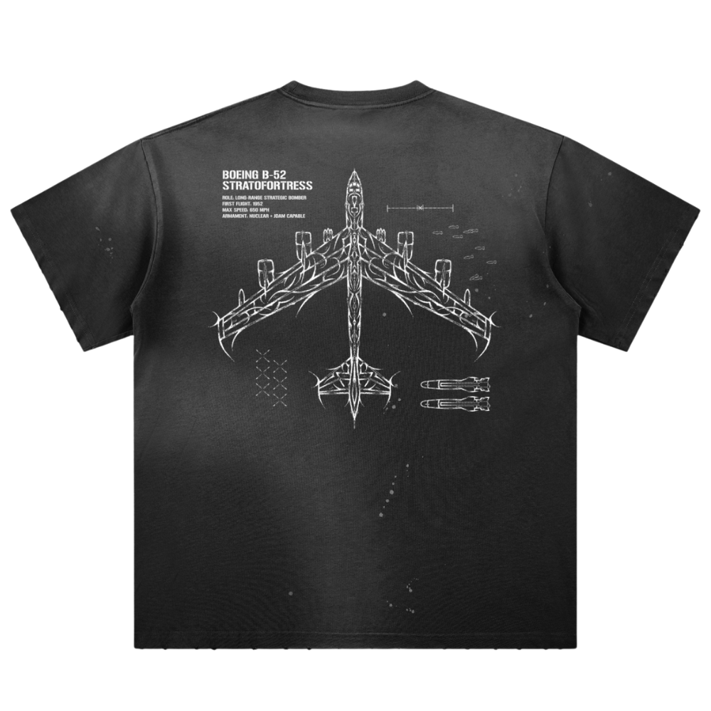 Black t-shirt featuring white Boeing B-52 Stratofortress blueprint graphic, aviation streetwear
