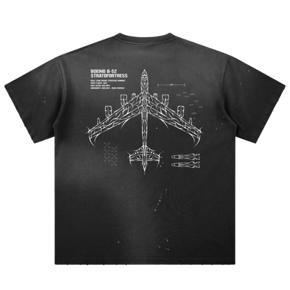 Black t-shirt featuring white Boeing B-52 Stratofortress blueprint graphic, aviation streetwear
