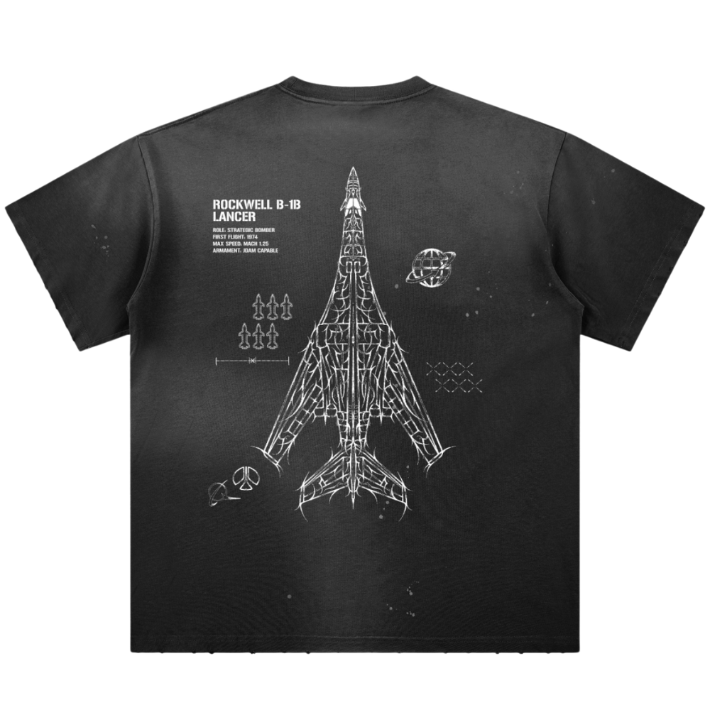 Black t-shirt featuring white Rockwell B-1B Lancer bomber blueprint graphic and specs