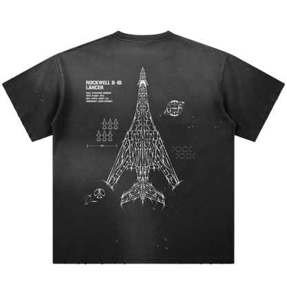 Black t-shirt featuring white Rockwell B-1B Lancer bomber blueprint graphic and specs