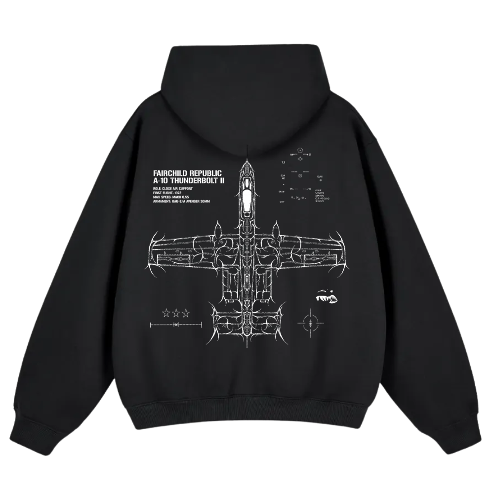 Black hoodie with white technical drawing of A-10 Thunderbolt II aircraft and aviation-inspired graphics on back