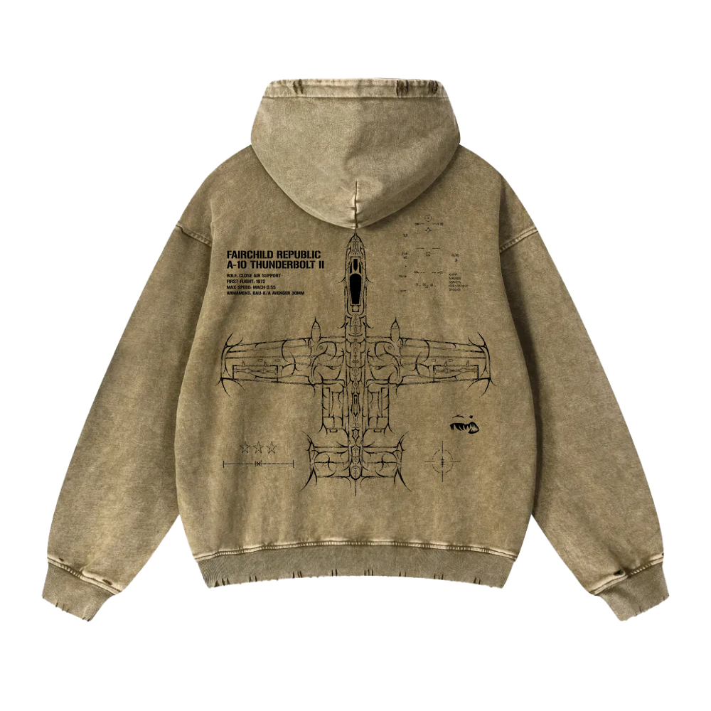 Tan hoodie with black A-10 Thunderbolt II schematic graphic and aviation-inspired details on back