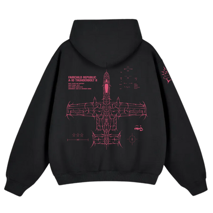 Black hoodie back featuring pink A-10 Thunderbolt II aircraft schematic graphic streetwear