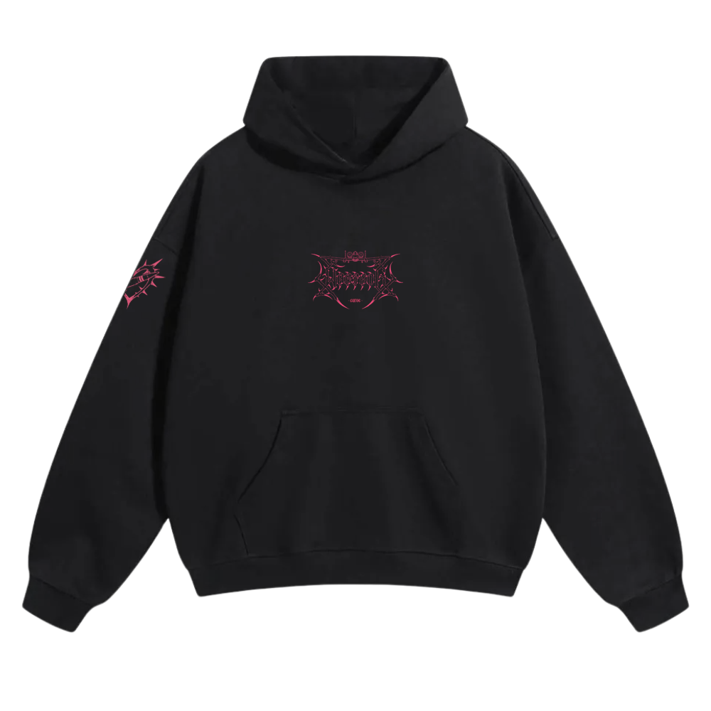 Black streetwear hoodie with bold pink graphic design on chest and sleeve, front view