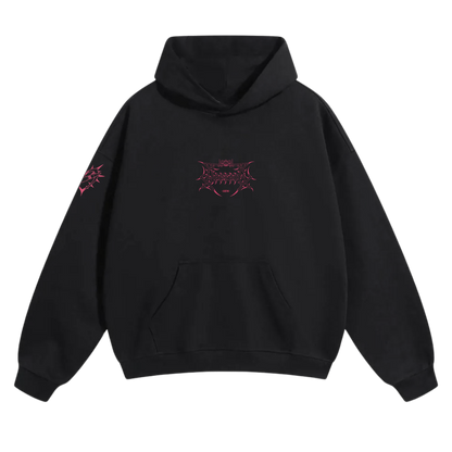 Black streetwear hoodie with bold pink graphic design on chest and sleeve, front view