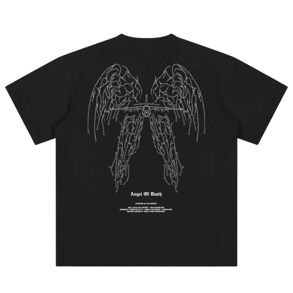 Black graphic tee with aviation-inspired skeletal wings and gun design on the back, Angel of Death text.