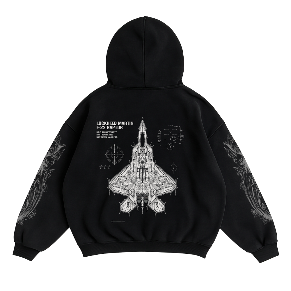 LIMITED - F-22 RAPTOR x WHITE MONSTER HOODIE - BLACK