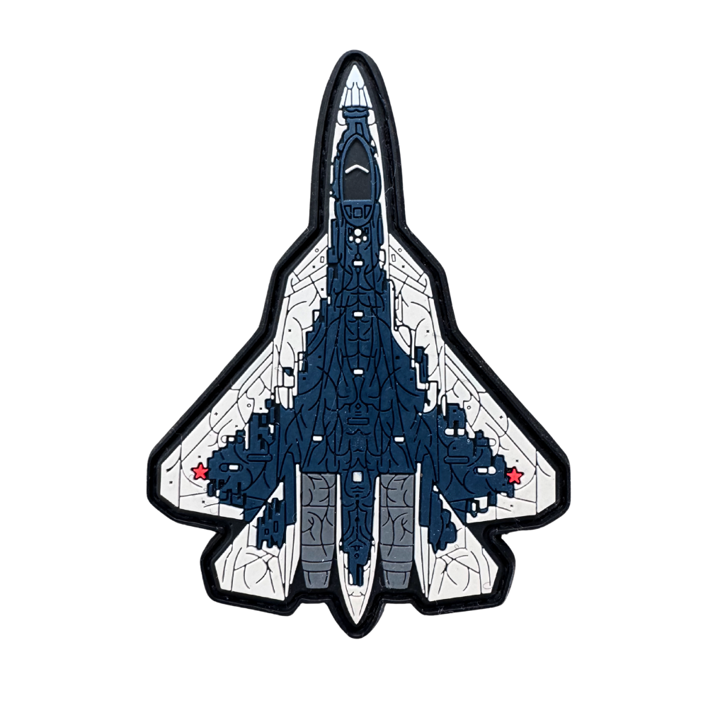 Aviation-inspired embroidered patch with a blue and white jet fighter, military style.