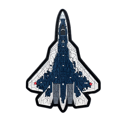 Aviation-inspired embroidered patch with a blue and white jet fighter, military style.