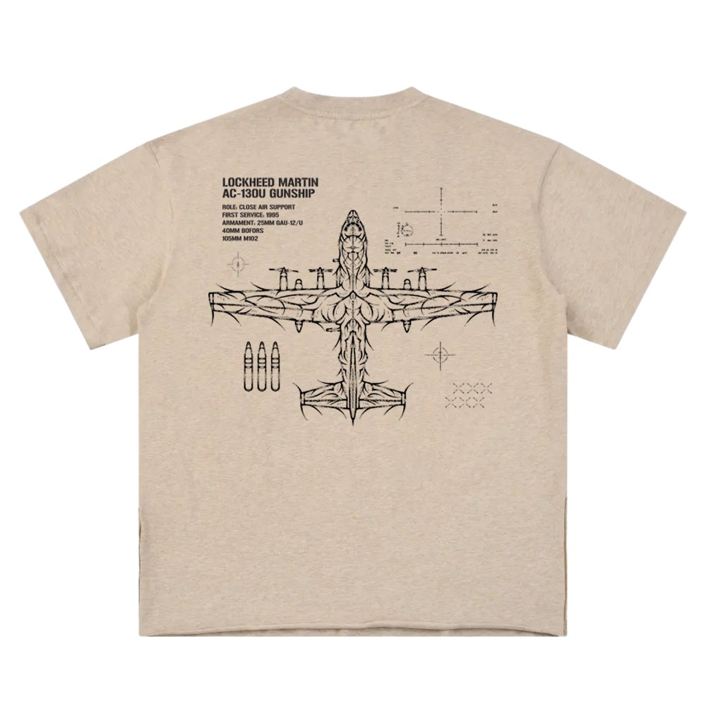 Beige tee with AC-130U gunship aircraft blueprint and line art, aviation-inspired streetwear