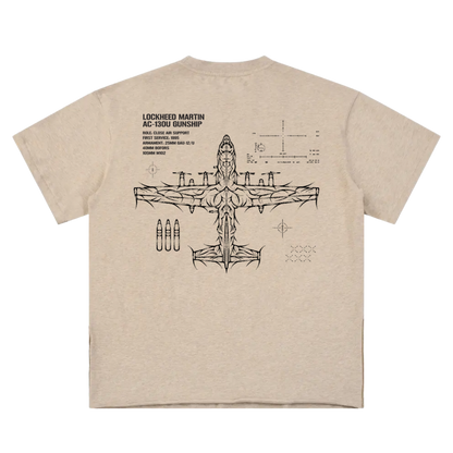 Beige tee with AC-130U gunship aircraft blueprint and line art, aviation-inspired streetwear