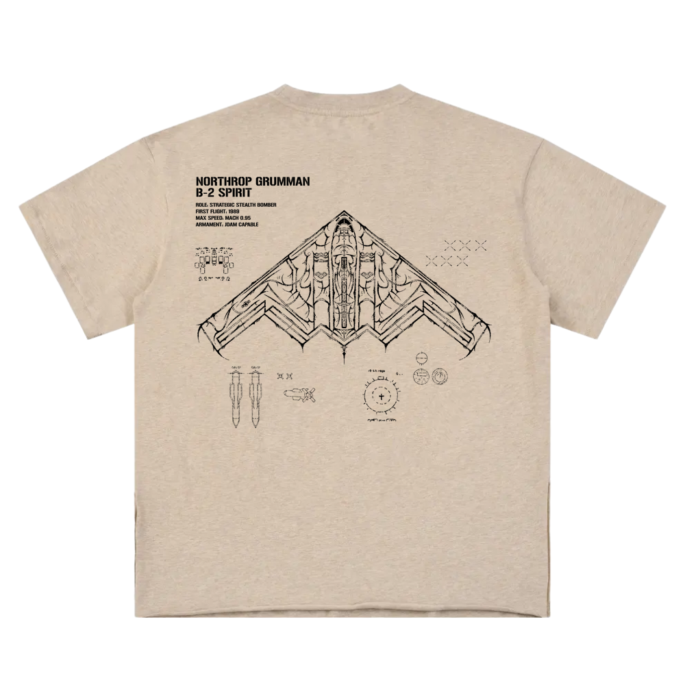 Back of beige t-shirt featuring aviation-inspired B-2 Spirit stealth bomber blueprint graphic