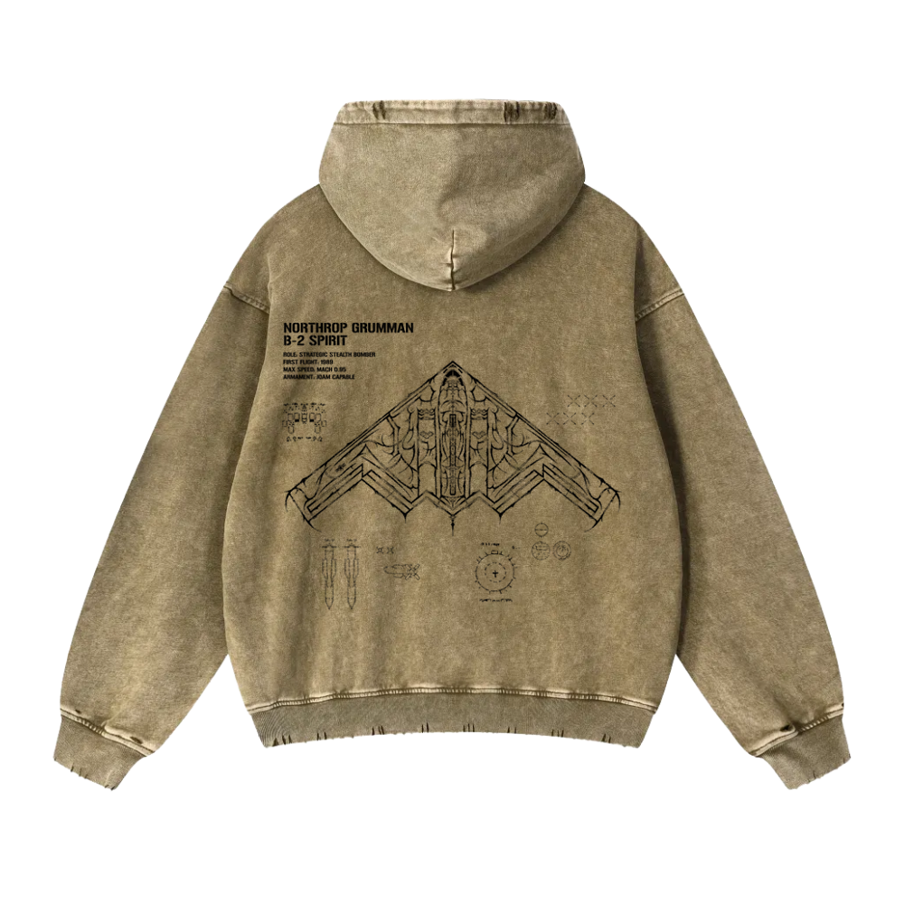 Tan hoodie with black B-2 Spirit bomber blueprint graphic and technical text on the back.